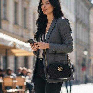 Fun FAUX Fashion Black Gold Chain shoulder crossbody 2 pockets Zip Purse bag